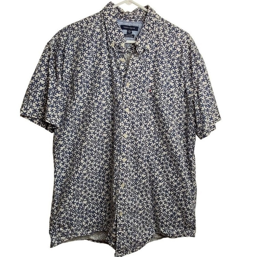 Tommy Hilfiger Mens XXL Classic Fit Floral Star Button Down Shirt Navy White